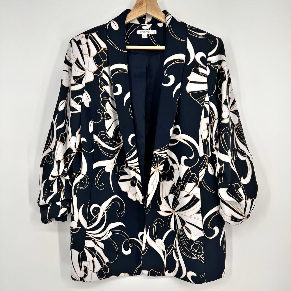 Chico's Open Blazer Jacket Womens US 12 / 2 Navy Blue Floral Ruched  3/4 Sleeve